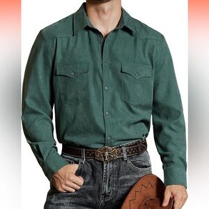 VATPAVE Mens Western Cowboy Shirts Button Up Shirts Long Sleeve Green Size Large